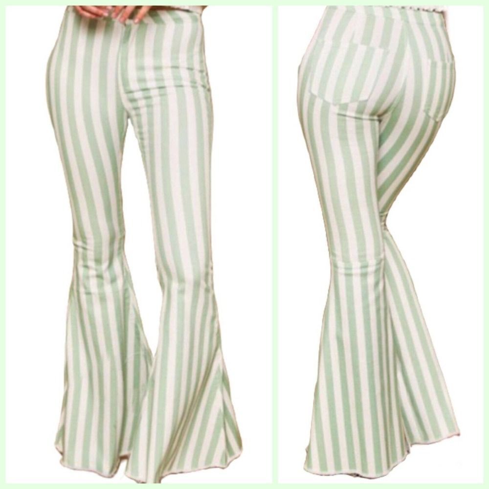 Seafoam / Mint Striped Bell Bottom Jeans- 9148